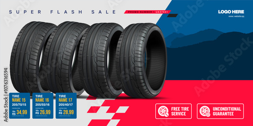Tire banner advertisement poster. Car tires wheels set.