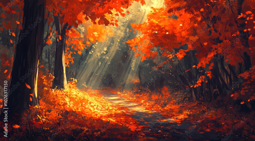 Enchanted Autumn Forest with Sunlight Streaming Through the Trees Enchanted Autumn Forest with Sunlight Streaming Through the Trees