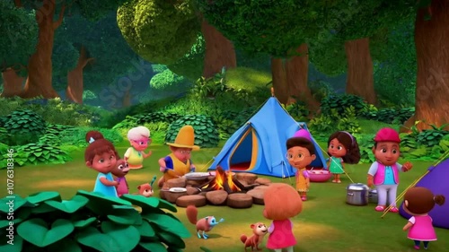 Wallpaper Mural Cartoon Children and Squirrels Having Fun Around a Campfire Torontodigital.ca
