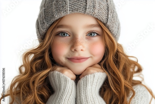 Close-up portrait of a smiling young girl with curly red hair, wearing a gray knit hat and white sweater. Rosy cheeks and bright blue eyes