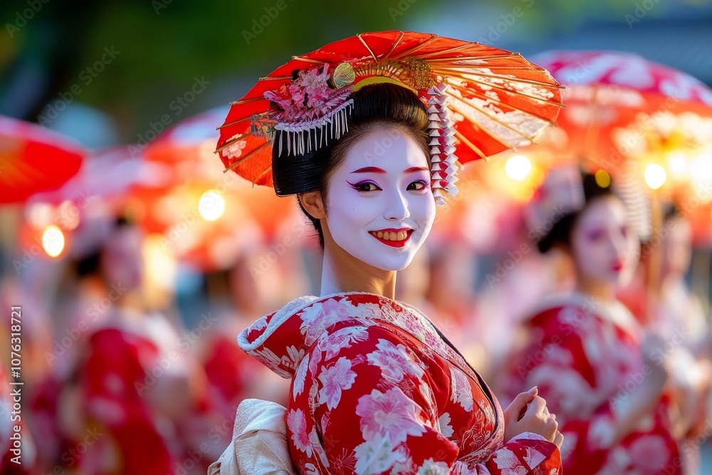 Geisha in traditional kimono walking through the streets of Gion, Kyoto, with gentle lighting and serene background Geisha in traditional kimono walking through the streets of Gion, Kyoto, with gentle lighting and serene background