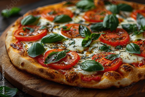 Close-up of a Margherita Pizza with Fresh Basil and Tomatoes