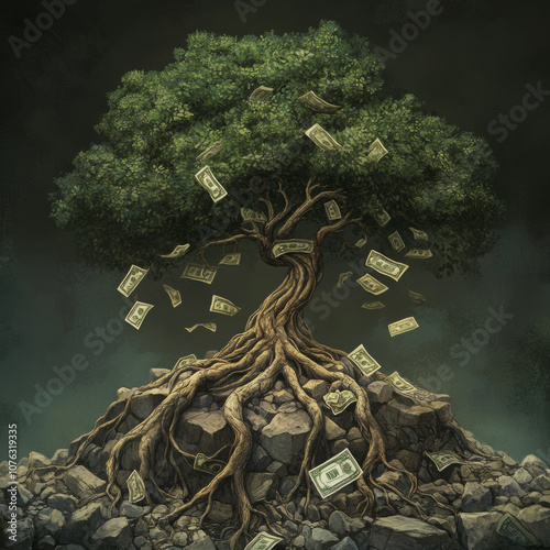 A tree with dollar bills growing from it and on the ground around it, representing wealth and prosperity.