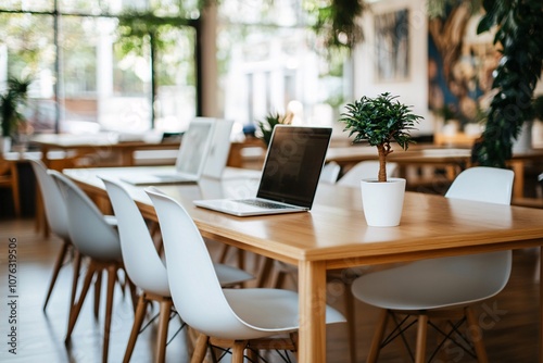 Modern Office Interior with Wooden Table and White Chairs