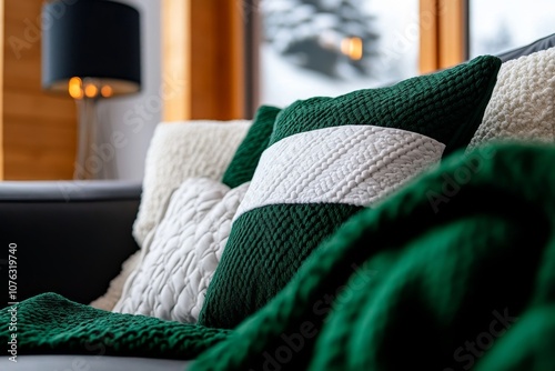 Hyper-realistic close-up of a cozy corner in a home with detailed textures on blankets and pillows photo