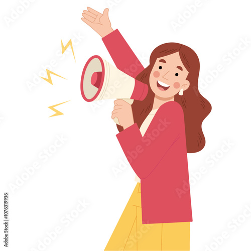 Pretty woman with megaphone cartoon illustration, Vector illustration of woman announcing with megaphone