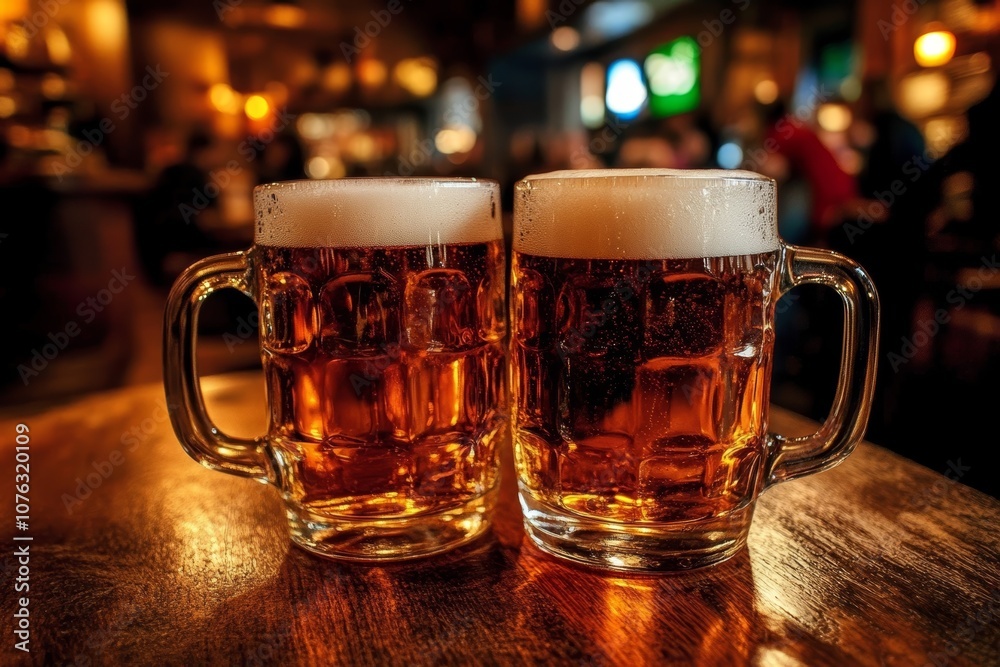 Two beer mugs on a wooden table, with a blurred background of people. Two beer mugs on a wooden table, with a blurred background of people.