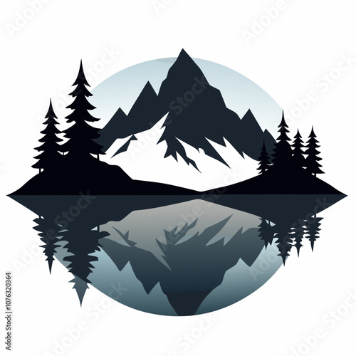 Mountain lake reflection silhouette vector illustration on white background