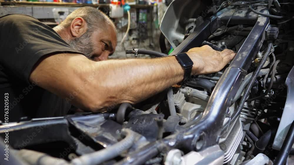Adult repairman fixing motor of motorbike at workshop. Professional mechanic repairing engine of motorcycle at workplace. Male repairer mending detail of moto at garage. Concept of maintenance service