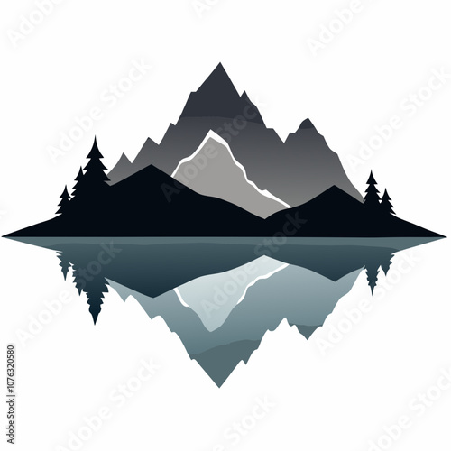 Mountain lake reflection silhouette vector illustration on white background