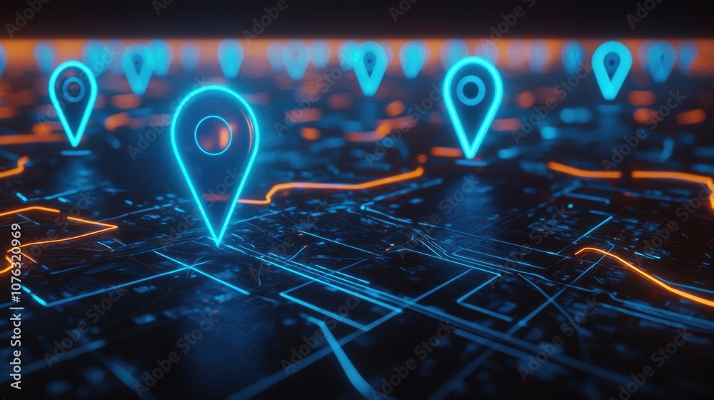 Navigation pins on city map. Navigate mapping locate position pins. Neon isometric abstract map background Navigation pins on city map. Navigate mapping locate position pins. Neon isometric abstract map background