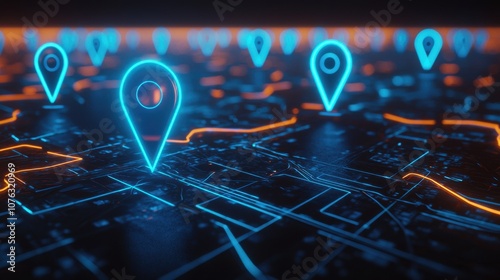 Navigation pins on city map. Navigate mapping locate position pins. Neon isometric abstract map background