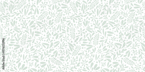 White ditsy leaves and flower vector repeat pattern, tiny flower print, cute green spring background texture, pastel mint wallpaper design
