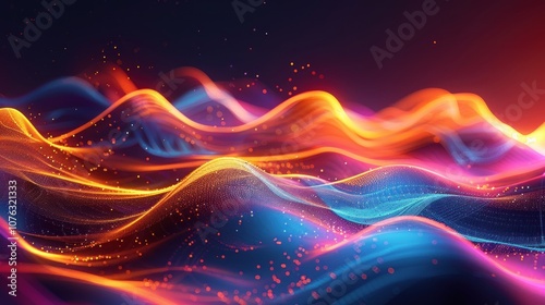 Abstract glowing waves of blue, orange and red colors on a dark background.