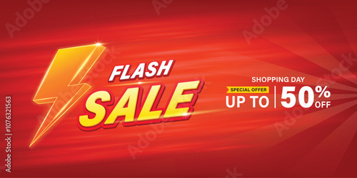 Flash sale banner with sparkling neon lights for shopping day promotion, online shopping, special Offer coupon, gift voucher on red banner template, social media advertising.