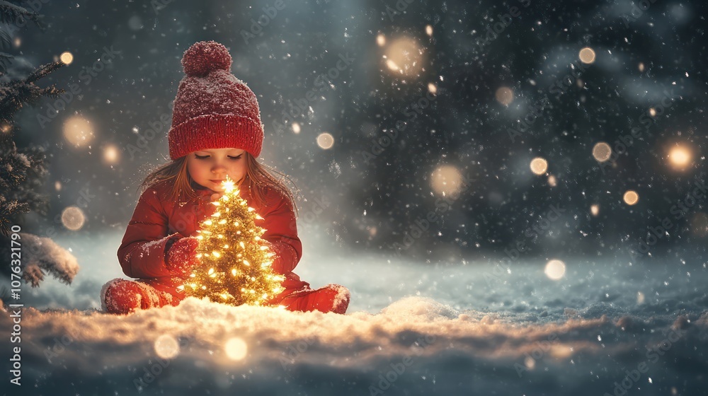A cute little girl wearing red and a hat, sitting on the snow with her hands holding an illuminated Christmas tree, surrounded by pine trees and falling snowflakes with copy space