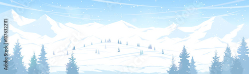Panoramic banner with winter mountain landscape. Vector image of snowy mountains and hills. Realistic silhouettes of fir trees in the foreground. Frosty day, snowfall.
