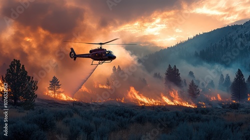 A helicopter dropping water on a wildfire, with smoke and flames below