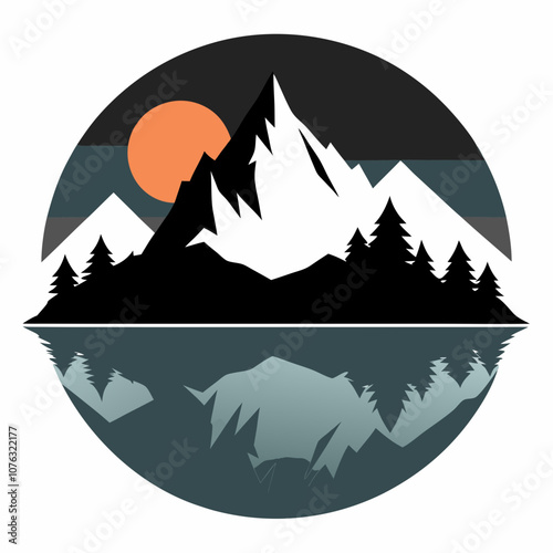 Mountain lake reflection silhouette vector illustration on white background