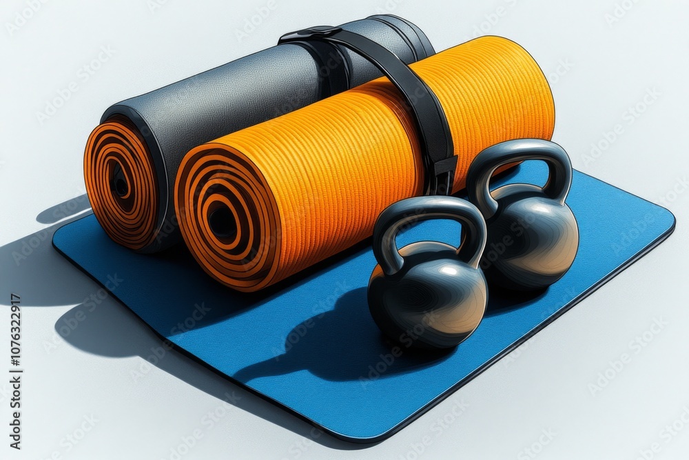 Simple illustration of a kettlebell and yoga mat in soft tones on a plain white background Simple illustration of a kettlebell and yoga mat in soft tones on a plain white background