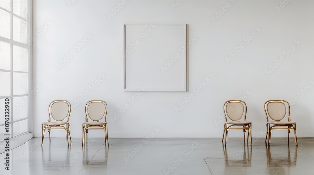 Empty gallery room with four chairs facing a blank canvas on a white wall. Empty gallery room with four chairs facing a blank canvas on a white wall.