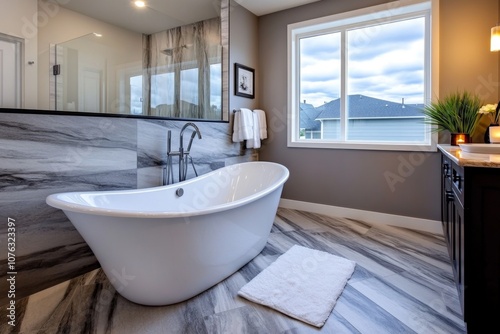 Spacious bathroom with a freestanding bathtub, candles, and fresh towels, creating a spa-like home feel