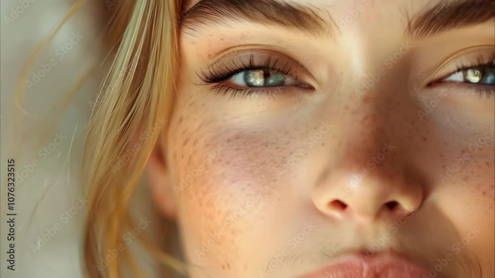 A close-up portrait of a person with light brown hair, blue eyes, and freckles, smiling gently.