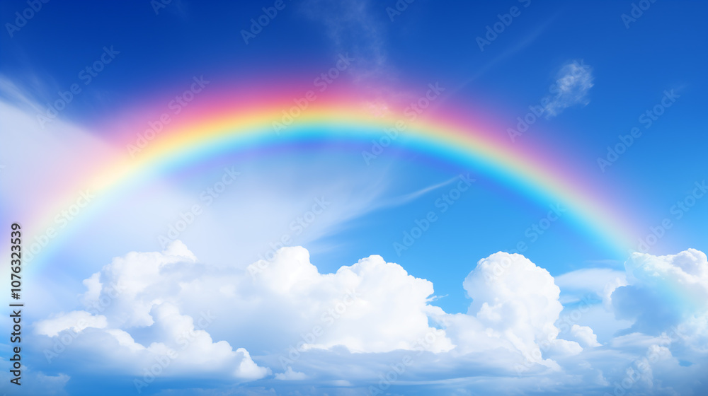 Real rainbow arching through a clear, sunny sky for a beautiful weather phenomenon. Real rainbow arching through a clear, sunny sky for a beautiful weather phenomenon.