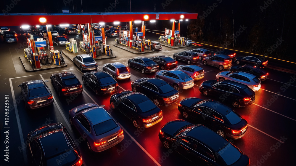 Fototapeta premium Numerous cars lined up at a well-lit gas station during nighttime, with visible red taillights and fuel pumps under a canopy.