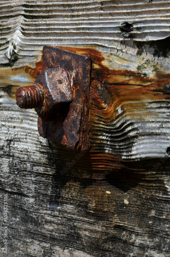 Rusty bolt in the textured wood of an old groin. Rusty bolt in the textured wood of an old groin.