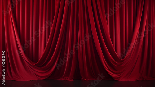 Luxurious red velvet curtain opening on a stage, creating a cinematic and dramatic atmosphere. Dramatic stage scene with real red silk velvet curtains unfolding, perfect for a cinematic reveal. photo