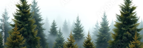 A dense forest of evergreen trees stands tall in the morning mist