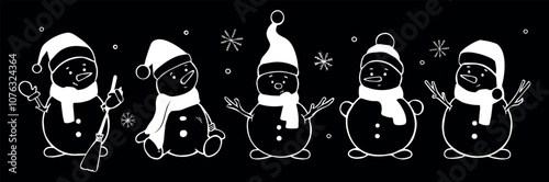 set of snowman chalk on a black background hand drawing