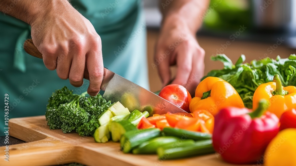 A person chops fresh vegetables on a wooden board, preparing a colorful, healthy meal, AI A person chops fresh vegetables on a wooden board, preparing a colorful, healthy meal, AI