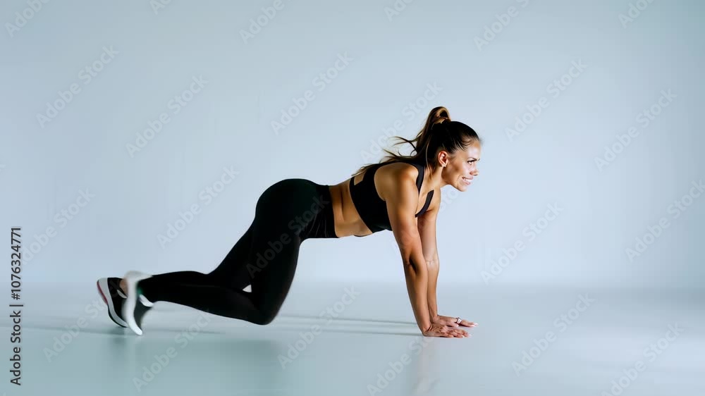Fit Woman Doing Mountain Climber Exercise in Bright Studio - Focused on Fitness Fit Woman Doing Mountain Climber Exercise in Bright Studio - Focused on Fitness
