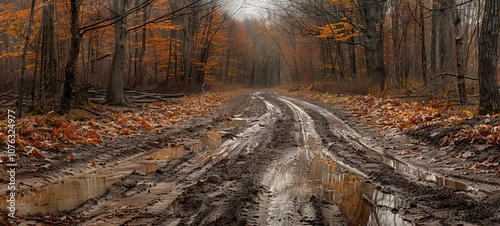 A muddy forest road surrounded by trees with autumn foliage. 