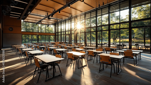 Modern classroom interior with large windows showcasing empty desks and chairs, sunlight streaming through, creating a warm and inviting atmosphere.