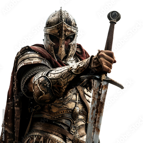 Ornate medieval knight with detailed armor and a raised sword on isolated background