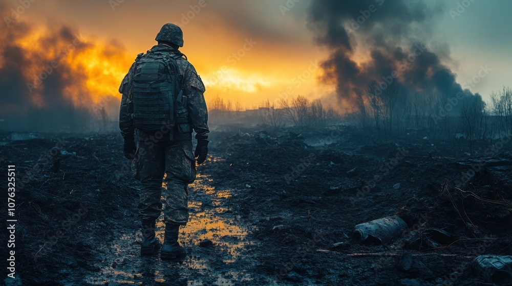 Soldier walking through a war-torn landscape at sunset. Soldier walking through a war-torn landscape at sunset.