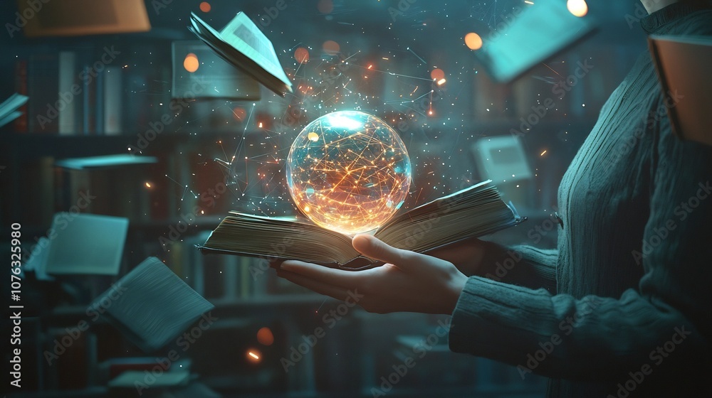 Glowing Orb of Knowledge Surrounded by Floating Books and Holographic Screens