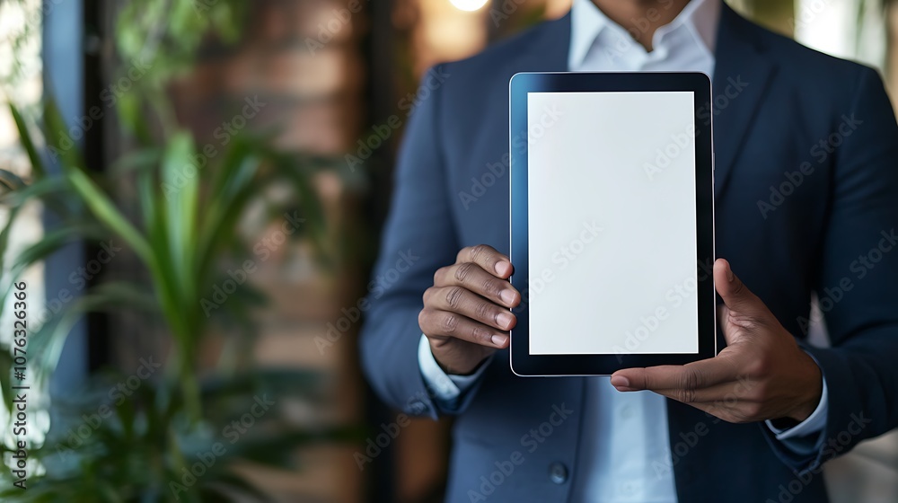 A person in a suit holds a blank tablet in a green, modern environment. A person in a suit holds a blank tablet in a green, modern environment.