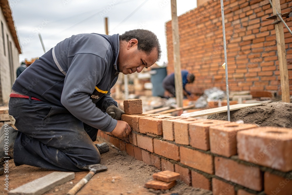 A close-up of a bricklayer carefully placing bricks, looking at the camera with concentration, Bricklaying site scene A close-up of a bricklayer carefully placing bricks, looking at the camera with concentration, Bricklaying site scene