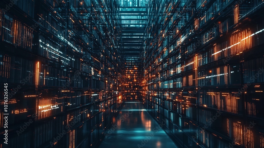Vast Digital Library with Glowing Shelves Symbolizing Knowledge and Data Flows in the Digital Age