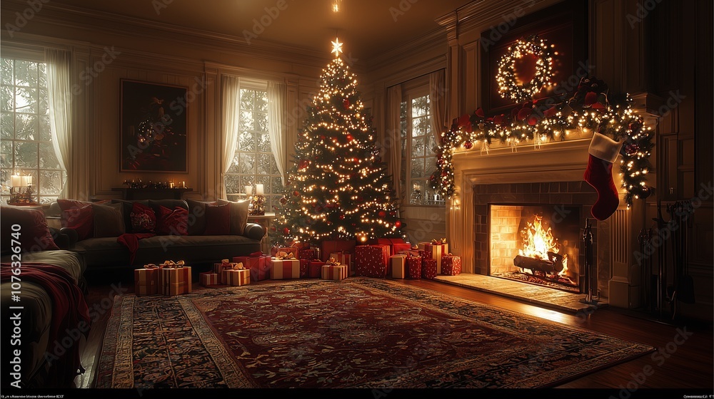 Obraz premium A festive Christmas tree adorned with lights and ornaments stands beside a cozy fireplace in a warmly lit room