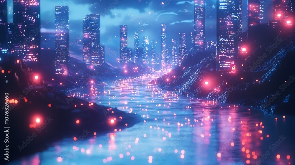 Obraz premium Glowing Futuristic River Flowing Through a City Symbolizing the Continuous Flow of Information and Knowledge