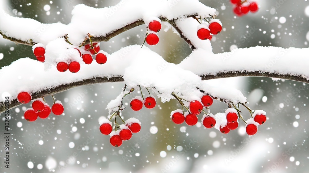 Red berries on a snow-covered branch with falling snowflakes. Red berries on a snow-covered branch with falling snowflakes.
