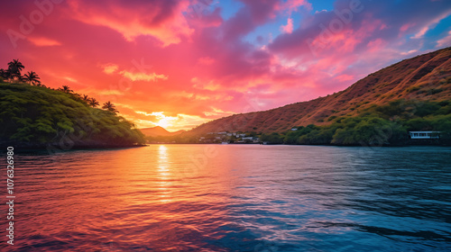 The calm beauty of Kealakekua Bay, with crystal-clear waters reflecting a dramatic sky as the sun sets. photo