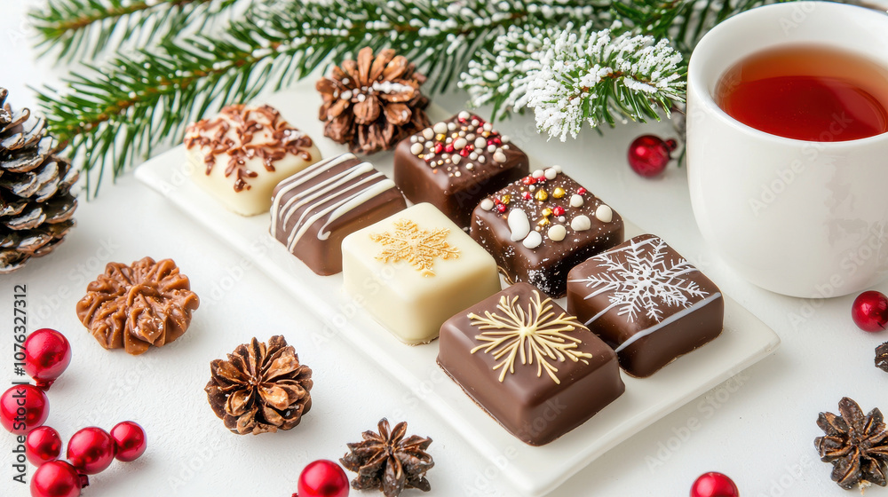 selection of winter themed chocolates with festive decorations and warm drink create cozy holiday atmosphere selection of winter themed chocolates with festive decorations and warm drink create cozy holiday atmosphere