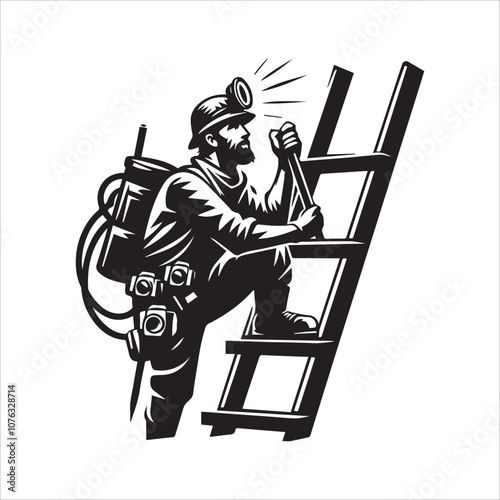 Coal Miner Ascending with Pickaxe: A Retro Illustration. This vintage-style illustration depicts a coal miner climbing a ladder in a mine shaft, pickaxe in hand.