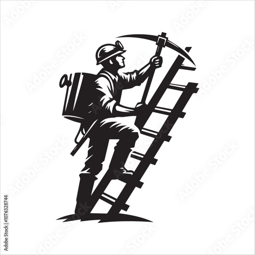 Coal Miner Ascending with Pickaxe: A Retro Illustration. This vintage-style illustration depicts a coal miner climbing a ladder in a mine shaft, pickaxe in hand.